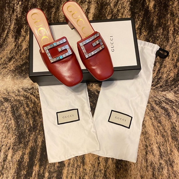 👠Gucci Madelyn Red Leather Crystal-G 55mm Low-Heel Mules👠 - Picture 4 of 4